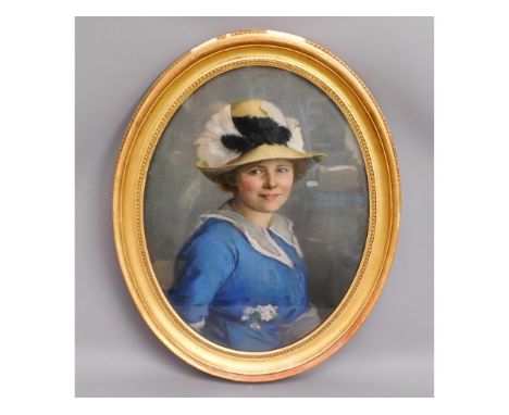 A large decorative oval gilt framed watercolour portrait of Edwardian lady, image size 28.375in x 21in