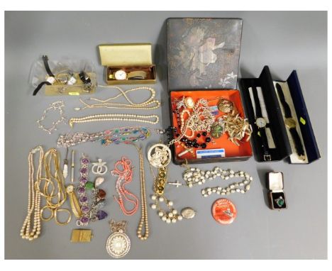 A coral necklace, a mother of pearl carved pendant &amp; other costume items