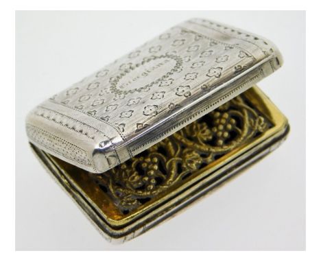 A Georgian 1815 Birmingham silver vinaigrette by Matthew Linwood with gilded grille, 38x29x9mm, 20.3g, inscribed "Georgiana" 