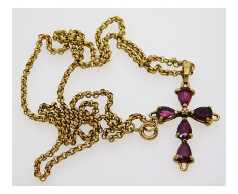 A 9ct gold necklace with cross set with ruby &amp; diamond, 18in chain, 1.25in high cross, 7g 