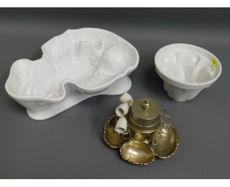 A large porcelain lobster mould, one jelly mould &amp; one plated (worn) tobacco &amp; pipe stand 