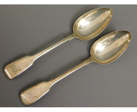 A pair of William IV 1837 London silver spoons, Samuel Haye Dudley Cater, monogrammed JWEC, 166g