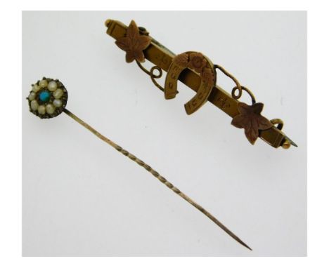 A yellow metal tiepin set with pearl &amp; turquoise twinned with a 9ct gold bar brooch with horseshoe, 1.9g inclusive