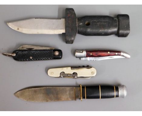 A German Baron Solingen knife, an army knife, possibly a gamekeepers pocket knife, a Naval divers knife &amp; a rosewood Lagu