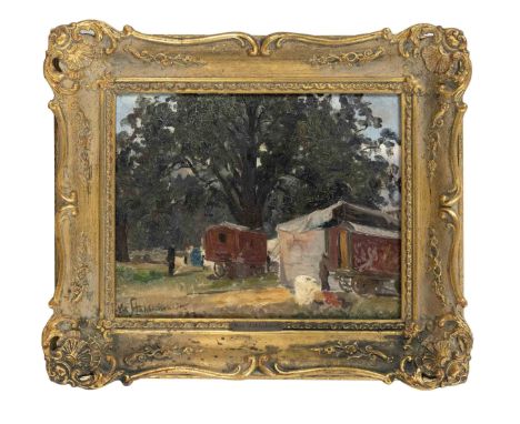 Stahlschmidt, Max. 1854 Berlin - 1918 Weimar. Lager mit Wohnwagen. Öl/Malkarton, u. li. sign. M. Stahlschmidt, 24,7 x 31 cm, 