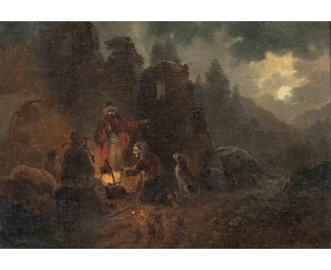 Mühlig, Meno. 1823 Eibenstock - 1873 Desden. Rastende am Lagerfeuer in einer Vollmondnacht. Öl/Lwd./Karton, u. li. sign. M. M