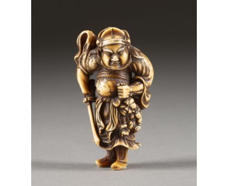 EIN FEINES GESCHNITZTES NETSUKE VON SHOKI UND ONI AUS ELFENBEIN Japan, 19. Jahrhundert Elfenbein. H. 7.1 cm. Das Netsuke ist 