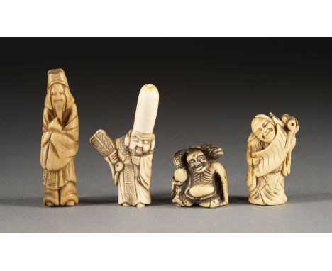 VIER NETSUKES VON MYTHOLOGISCHEN FIGUREN AUS HIRSCHHORN Japan, 19. Jahrhundert Horn. L. 3.3-8 cm. Das Konvolut umfasst ein Ne