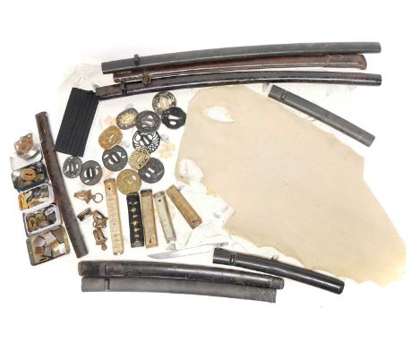 Collection relating to the restoration of Japanese swords, to include twelve scabbards and leather scabbard covers, a part us