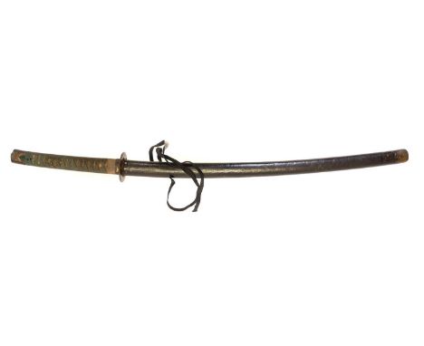 Japanese Mumei Katana, with 59.5cm cutting edge, 9mm curvature and Suguha Hamon, the unsigned tang with Kiri Yasurime, possib