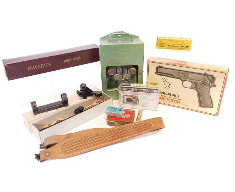 Milbro .177 air pistol, with box and two tubes of BB's, also and various airgun accessories to include a Maverick 4x32 scope 