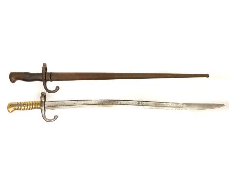 Two bayonets, to includeFrench Mle 1866 Chassepot bayonet, thought to be a captured refurbished bayonet with the spine text g