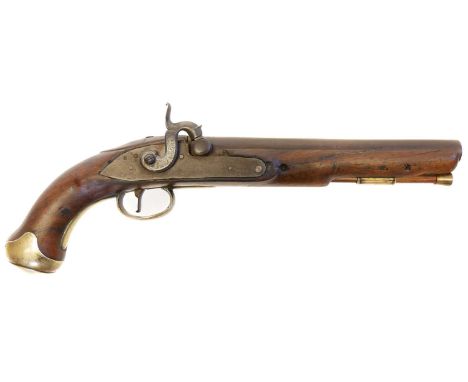 Percussion light dragoon pistol, converted from flintlock with replaced lock, 9inch .65 calibre barrel, the stock with brass 