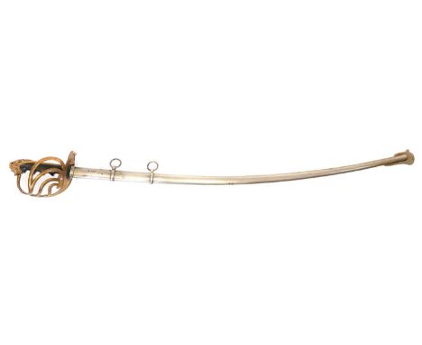 Bersaglieri Officers sabre and scabbard, with curved fullered blade, etched with an eagle and crest as well as the Savoy cres