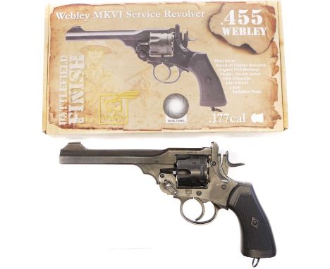 Webley MkVI .177 air pistol revolver, 6inch barrel, serial number 17H78699, with weathered battlefield finish, with six pelle