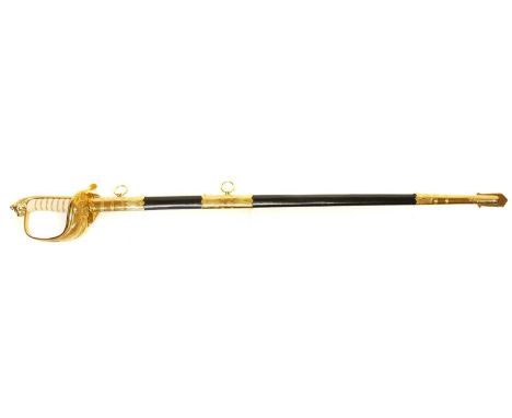 Elizabeth II Britannia Navy sword and scabbard, with lion head pommel, gilt folding guard with crowned anchor, the blade stam