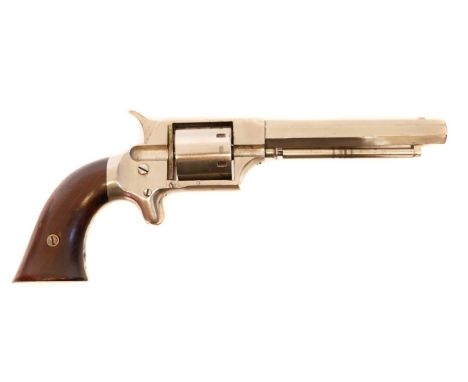J. P. Lower .32 rimfire revolver, 5 inch octagonal barrel with makers name, six shot cylinder, nickle plated overall with ros