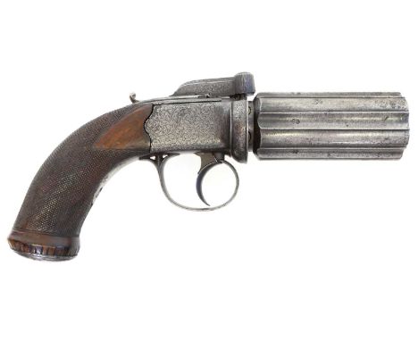 Wilkinson Swords percussion pepperbox pistol, six-shot 50 bore cylinder, scroll decorated action with sliding safety catch en