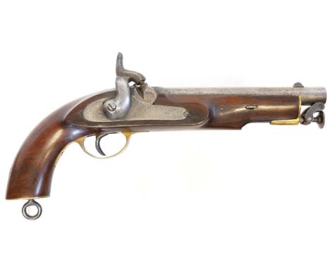 1856 type percussion .600 calibre pistol, 8 inch barrel with swivel ramrod, brass furniture and lanyard ring to butt.Section 