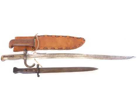 Two bayonets, including a Chassepot 1866 bayonet, a Lee Enfield 1888 bayonet and a bowie knife in leather scabbard. Buyer mus