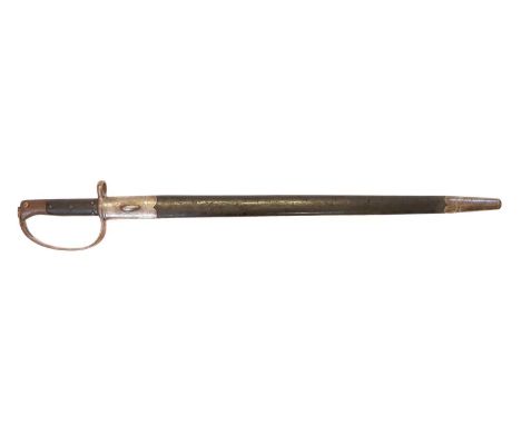 Martini Henry 1879 Artillery sword bayonet and scabbard, fullered blade with saw back, and double-edged point, stamped with V