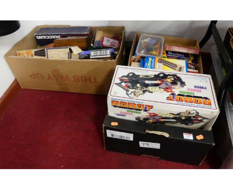 Two boxes of miscellaneous children's toys to include battery operated Cosmic Raider Force robot, Meccano etc