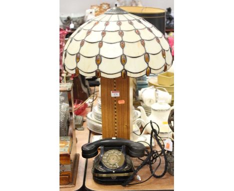 A contemporary walnut and inlaid square section table lamp, having a Tiffany style leaded glazed shade; together with a Belqi