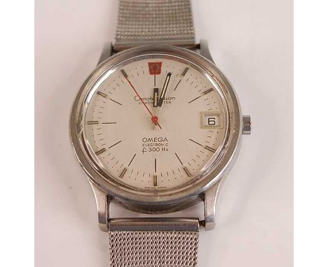 A gent's Omega Constellation chronometer, electronic F300HZ watch, steel cased and having signed silvered date dial, with lum