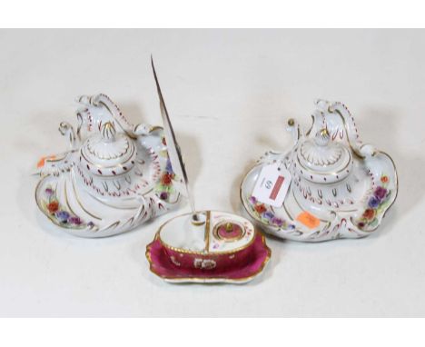 A pair of continental floral encrusted porcelain inkwells; together with a 19th century porcelain inkwell (3)