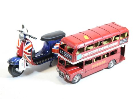 A reproduction tinplate model of a London bus; together with a model of a scooter (2)