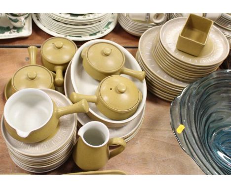A Denby mustard stoneware part dinner serviceCondition report: 12 tea plates, 8 small plates, 8 large plates, 4 oval, 1 servi