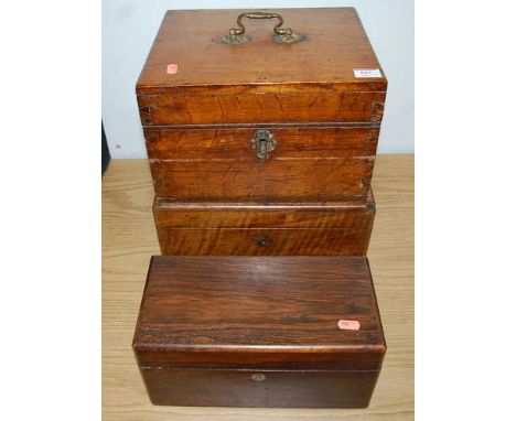 A Victorian oak box, having brass swing handle and brass escutcheon; together with a Victorian walnut apothecary box; and a V
