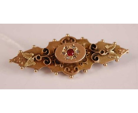 A late Victorian 9ct two-colour gold, opal and small rose cut diamond set bar brooch, 2.6g, Birmingham 1876, 43mm 