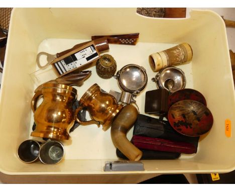 A collection of miscellaneous items to include various walking stick handles, hip flask etc