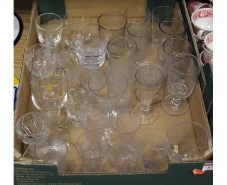 A collection of antique and later drinking glasswareCondition report: Etched rummer with lemon squeezer foot – very minor chi