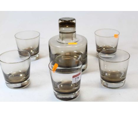 A mid 20th century Caithness smoked glass decanter and stopper, together with a matching set of five tumblers (6)