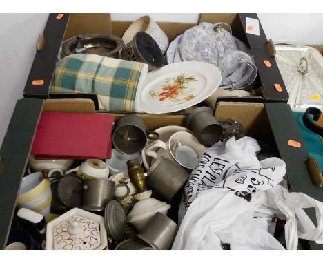 Two boxes of miscellaneous items to include gaudy Welsh style teapot and cover, blue &amp; white transfer decorated dinner wa