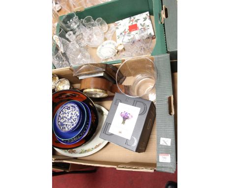 Three boxes of miscellaneous items to include an oak cased barometer, Dartington crystal, stoneware jugs etc