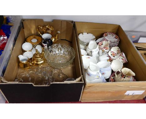 Two boxes of miscellaneous china and glassware to include gilt tea service, Edwardian tea wares etc