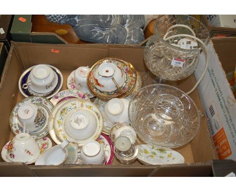 A 20th century cut glass table lamp; together with various teacups and saucers to include Spode