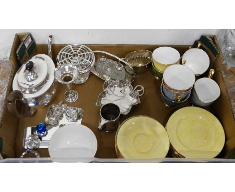 A box of miscellaneous items to include silver plated teapot, crystal animal figures, Royal Albert Gossamer tea wares etcCond