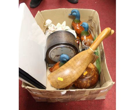 A box of miscellaneous items to include a Smiths oak cased mantel clock, a Duck Company carved wooden model of a duck etc