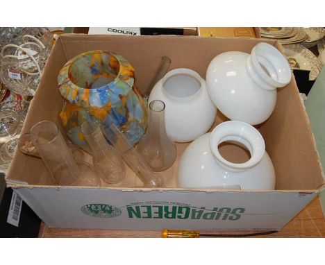 A milk glass oil lamp shade, together with various others 