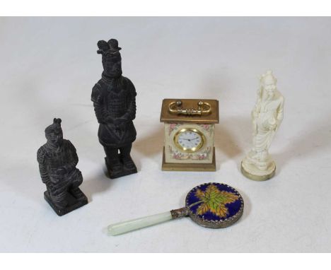 A small collection of miscellaneous items to include a modern resin figure of a sage, quartz movement carriage clock, magnify