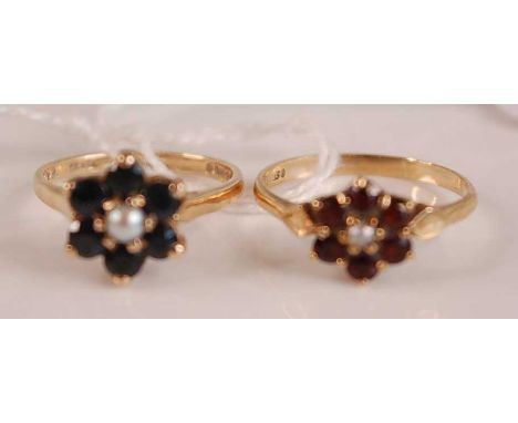 A modern 9ct gold, garnet and seed pearl set flower head dress ring, size N; together with a 9ct gold, blue sapphire and seed