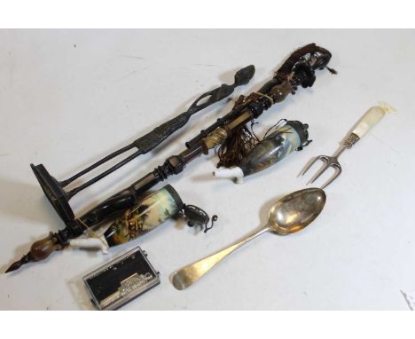 A small collection of miscellaneous items, to include an 18th century silver serving spoon, Benin style bronzed figure of a m