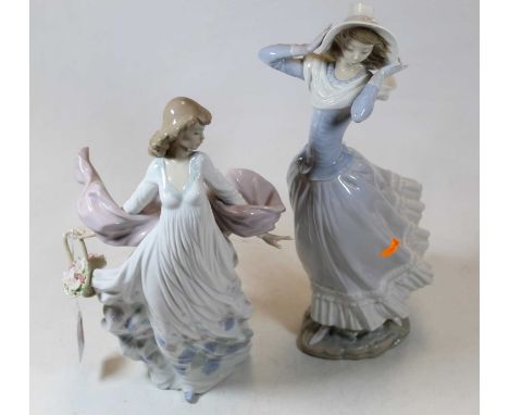 A large Lladro Spanish porcelain model of a lady in flowing dress with a basket of flowers in her right hand, having printed 