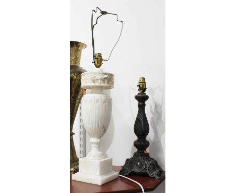 A 20th century polished hardstone table lamp, h.45cm (including fittings); together with a copper table lamp (2)