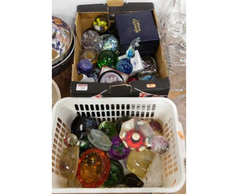 A collection of assorted glass and perspex paper weights to include Caithness, Mill Race studio glass mushroom example, Medin