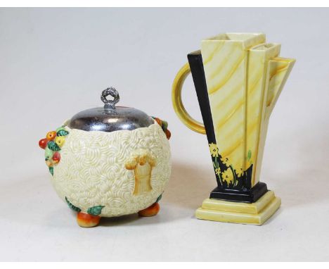 A Clarice Cliff Celtic Harvest pattern tobacco jar; together with a Myott &amp; Son Art Deco ewer, h.22cm (2)Condition report